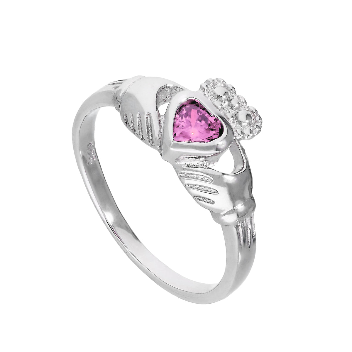 Bague Claddagh en argent sterling et cristal de tourmaline CZ, pierre de naissance d'octobre 48 - 62,5