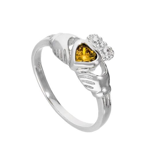 Bague Claddagh en argent sterling et cristal de citrine CZ, pierre de naissance de novembre I - U