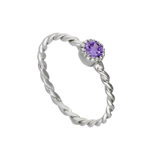 Bague en argent sterling et cristal CZ améthyste, pierre de naissance de février, corde torsadée I - U