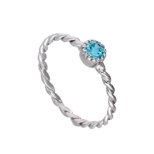 Bague en argent sterling et cristal CZ aigue-marine, pierre de naissance de mars, corde torsadée I - U