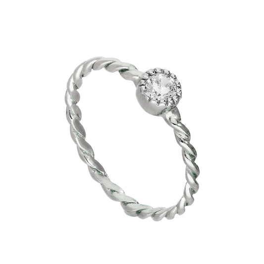 Bague en argent sterling et cristal CZ transparent, pierre de naissance d'avril, corde torsadée I - U