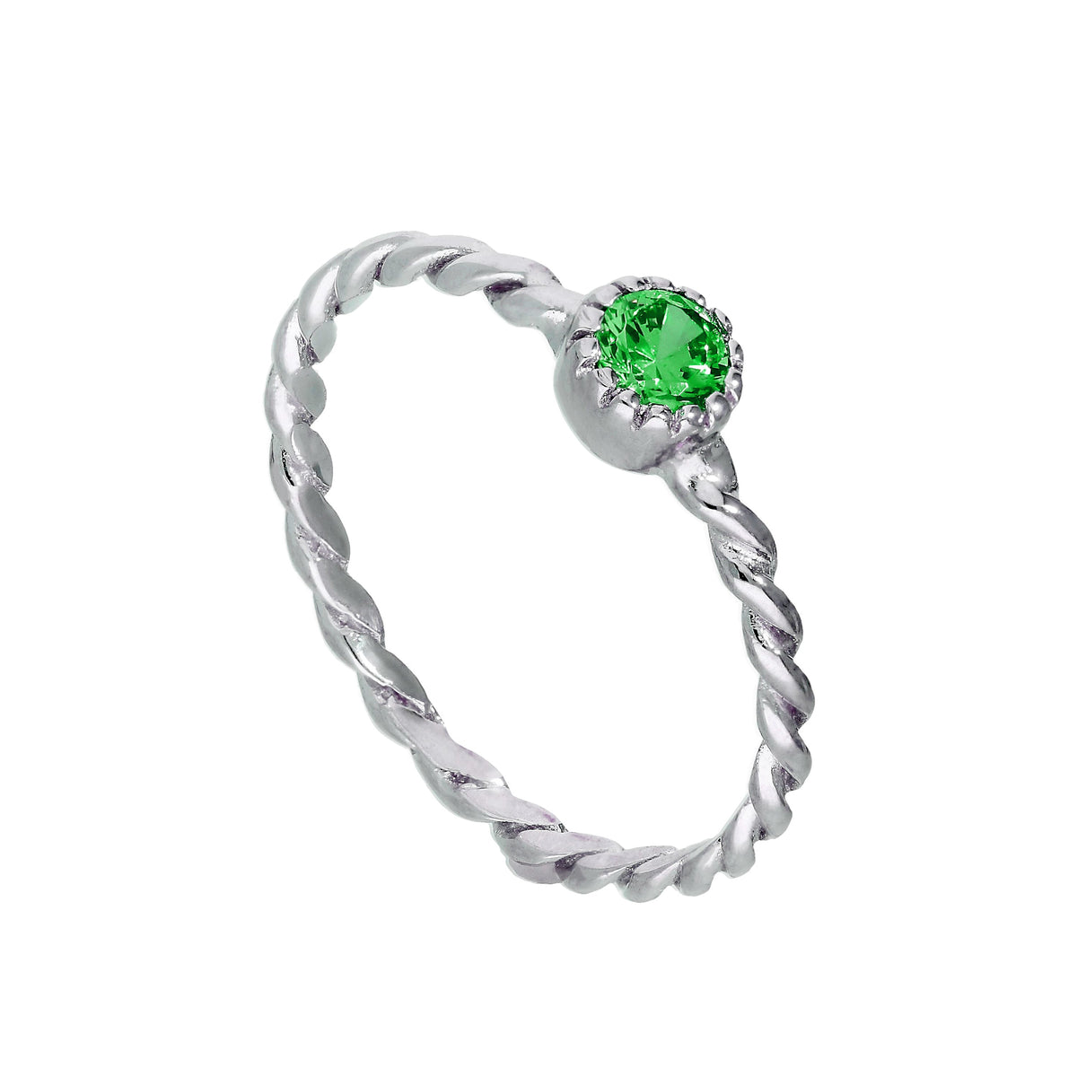 Bague en argent sterling et cristal émeraude CZ, pierre de naissance du mois de mai, corde torsadée 48 - 62,5