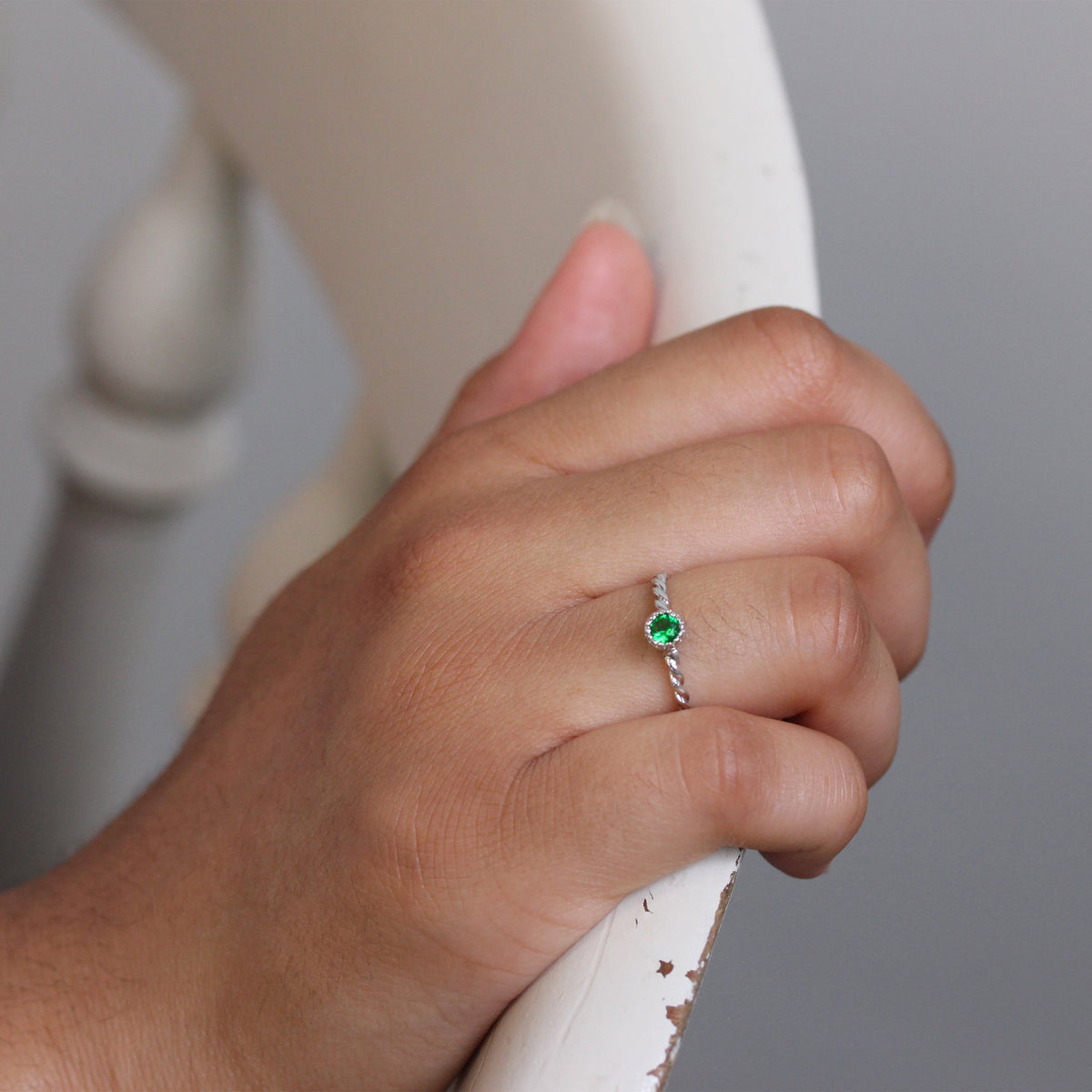Bague en argent sterling et cristal émeraude CZ, pierre de naissance du mois de mai, corde torsadée 48 - 62,5