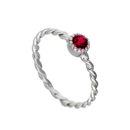 Bague en argent sterling et cristal CZ rubis, pierre de naissance de juillet, corde torsadée I - U