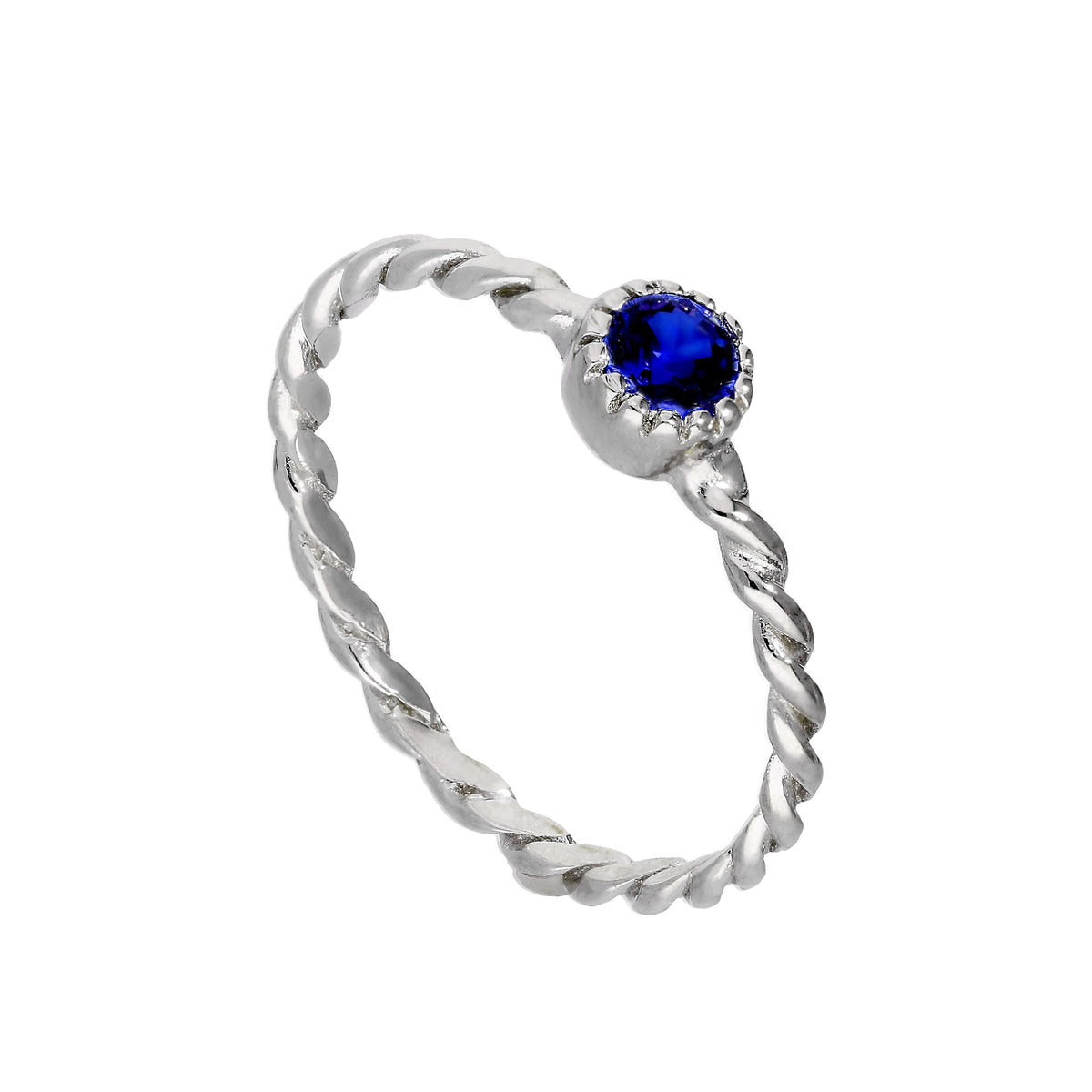 Bague en argent sterling et cristal CZ saphir, pierre de naissance de septembre, corde torsadée 48 - 62,5