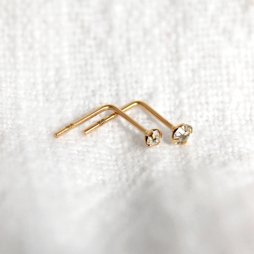 Piercing de nez en or 9 carats avec cristal en forme de L, 1,5 mm - 2,5 mm