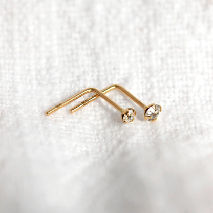 Piercing de nez en or 9 carats avec cristal en forme de L, 1,5 mm - 2,5 mm