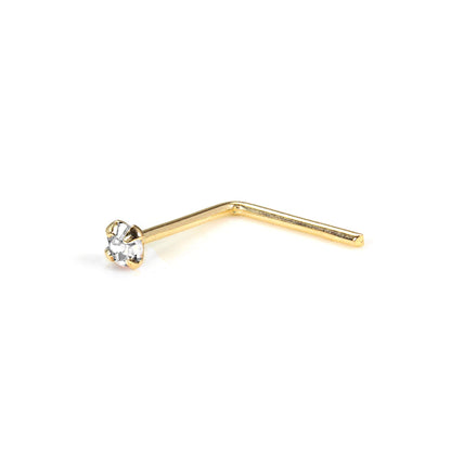 Clou de nez en or jaune 9 carats en forme de L avec cristal CZ rond de 1,5 mm