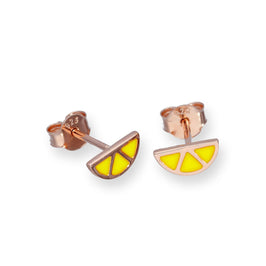 Boucles d'oreilles à tige en argent sterling plaqué or rose et émail jaune en forme de tranche de citron