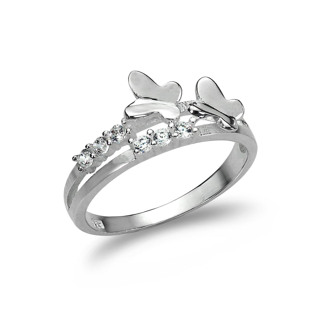 Bague en argent sterling avec cristal CZ et papillons - Taille 49 - 63