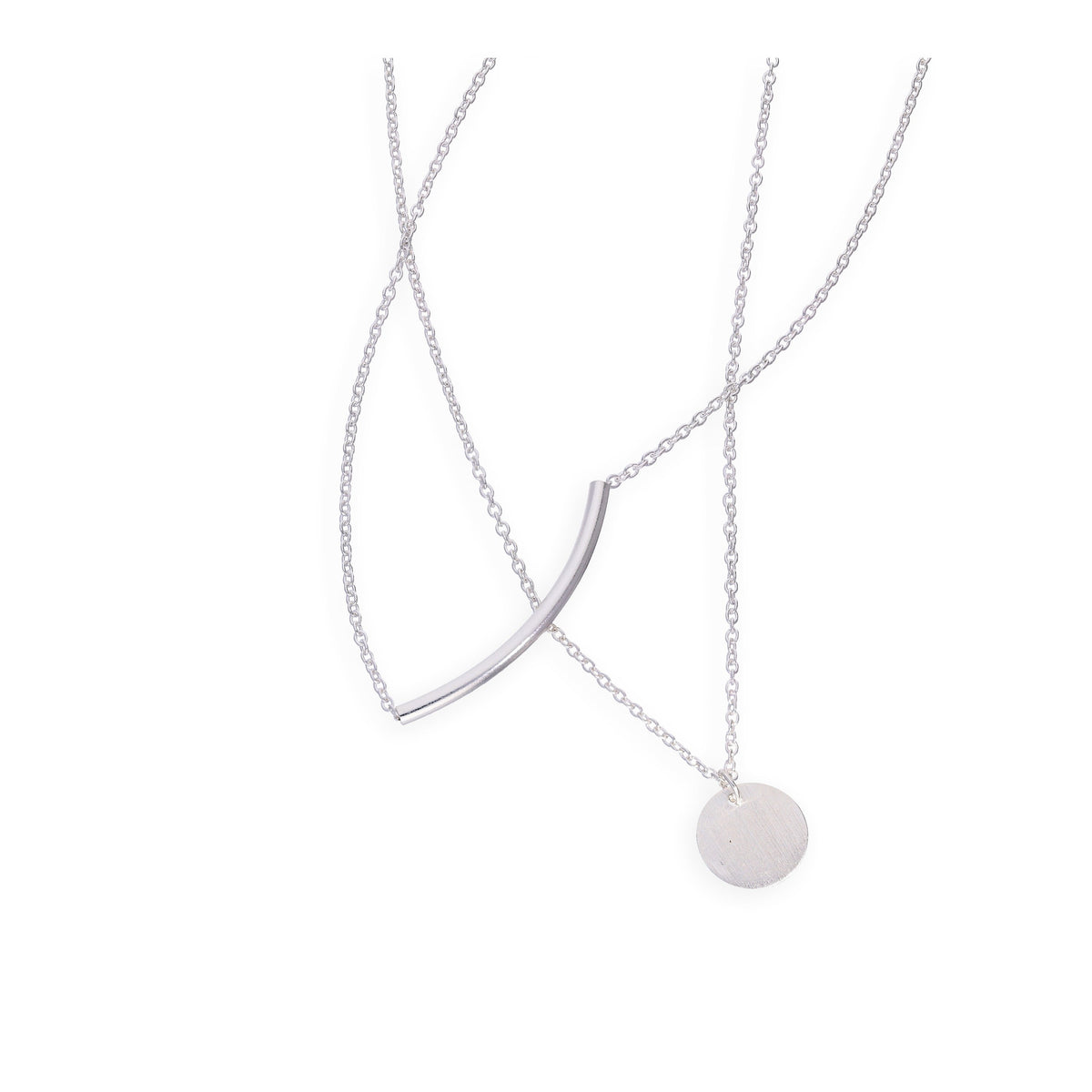 Collier double goutte en argent sterling avec courbe et cercle et chaîne de 50 cm
