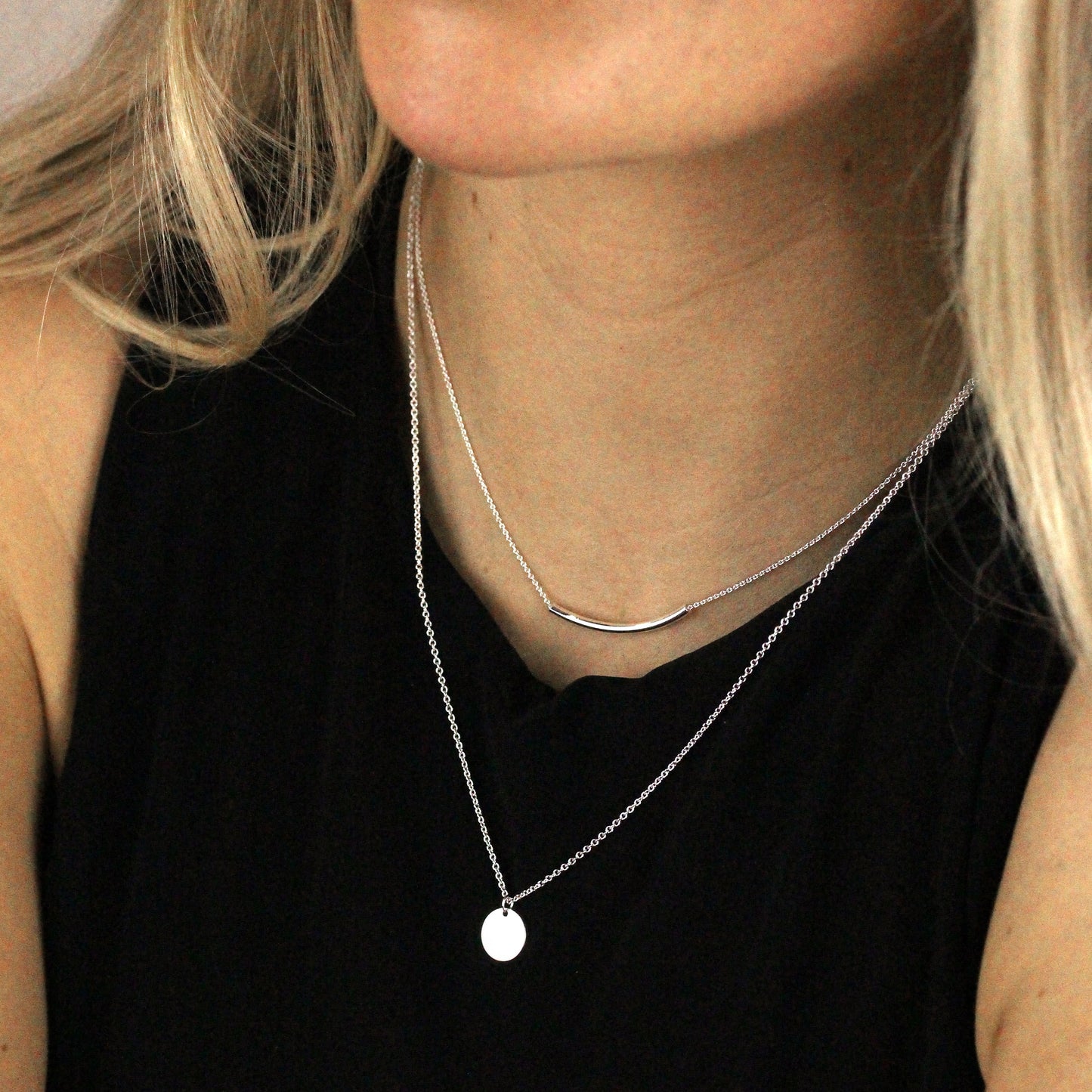 Collier double goutte en argent sterling avec courbe et cercle et chaîne de 50 cm