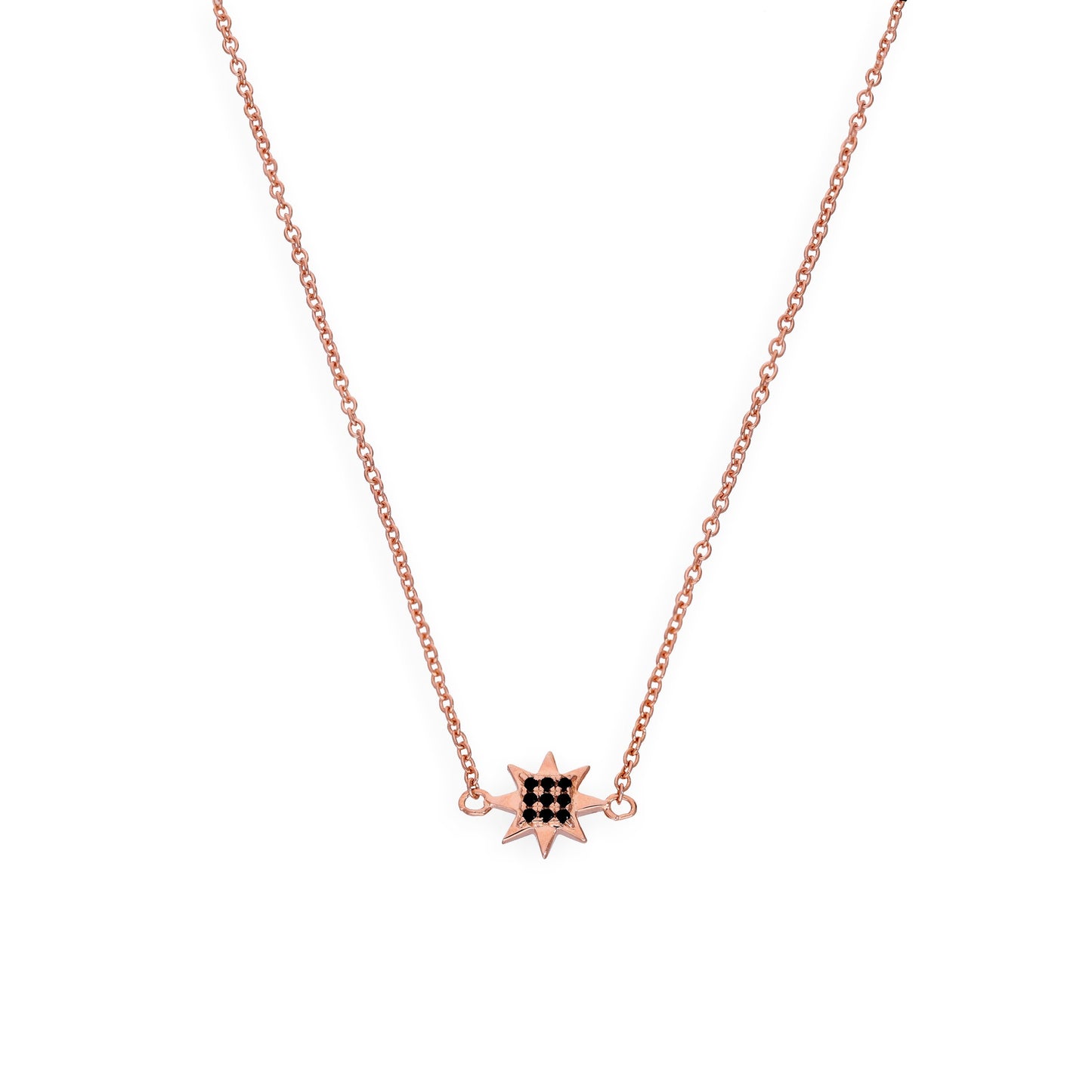 Collier étoile en argent sterling plaqué or rose et cristal CZ noir de 45 cm