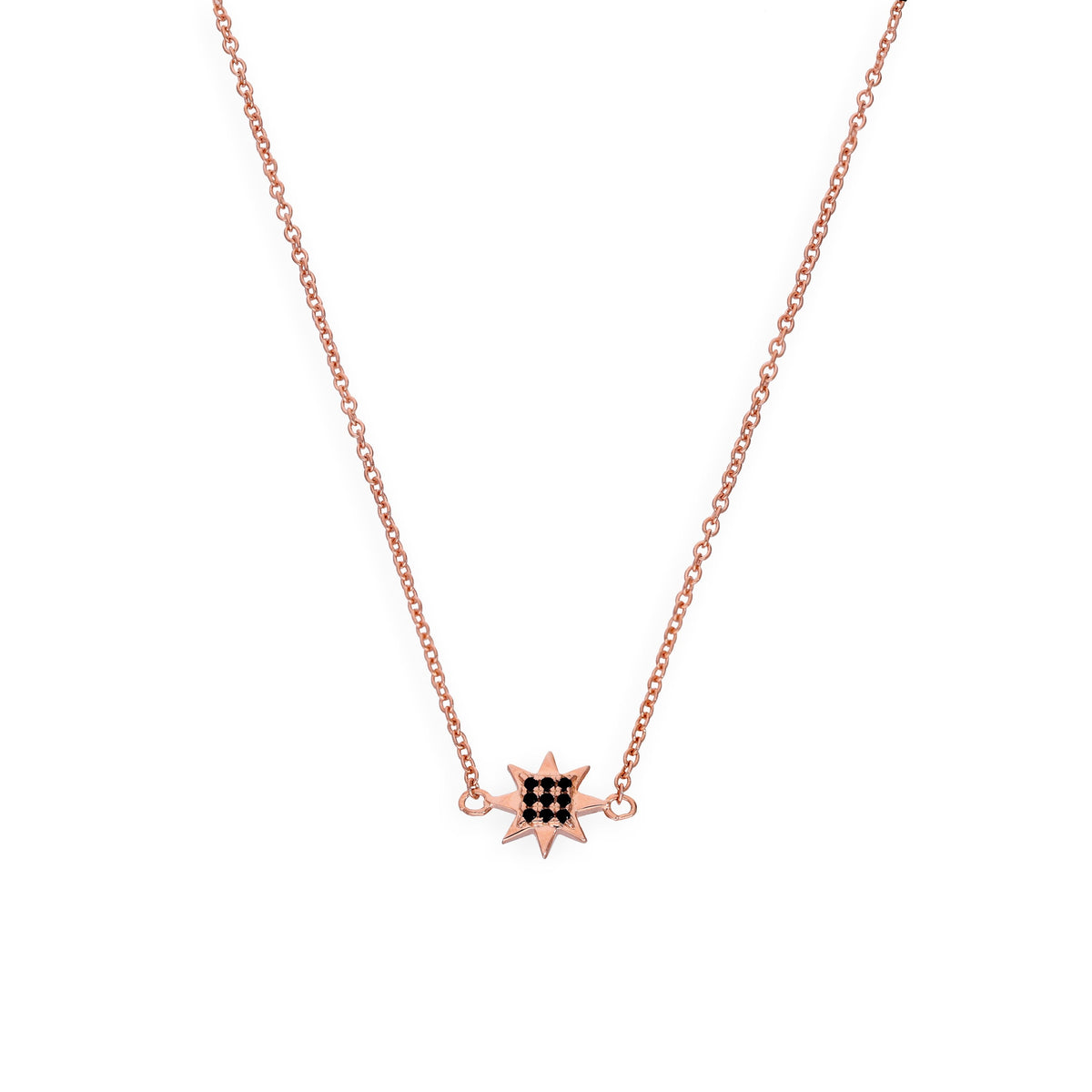 Collier étoile en argent sterling plaqué or rose et cristal CZ noir de 45 cm