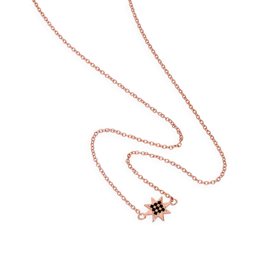 Collier étoile en argent sterling plaqué or rose et cristal CZ noir de 45 cm