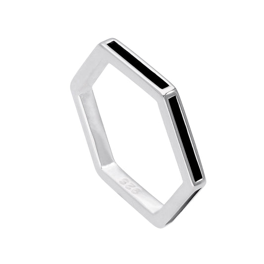 Bague hexagonale en argent sterling et émail noir