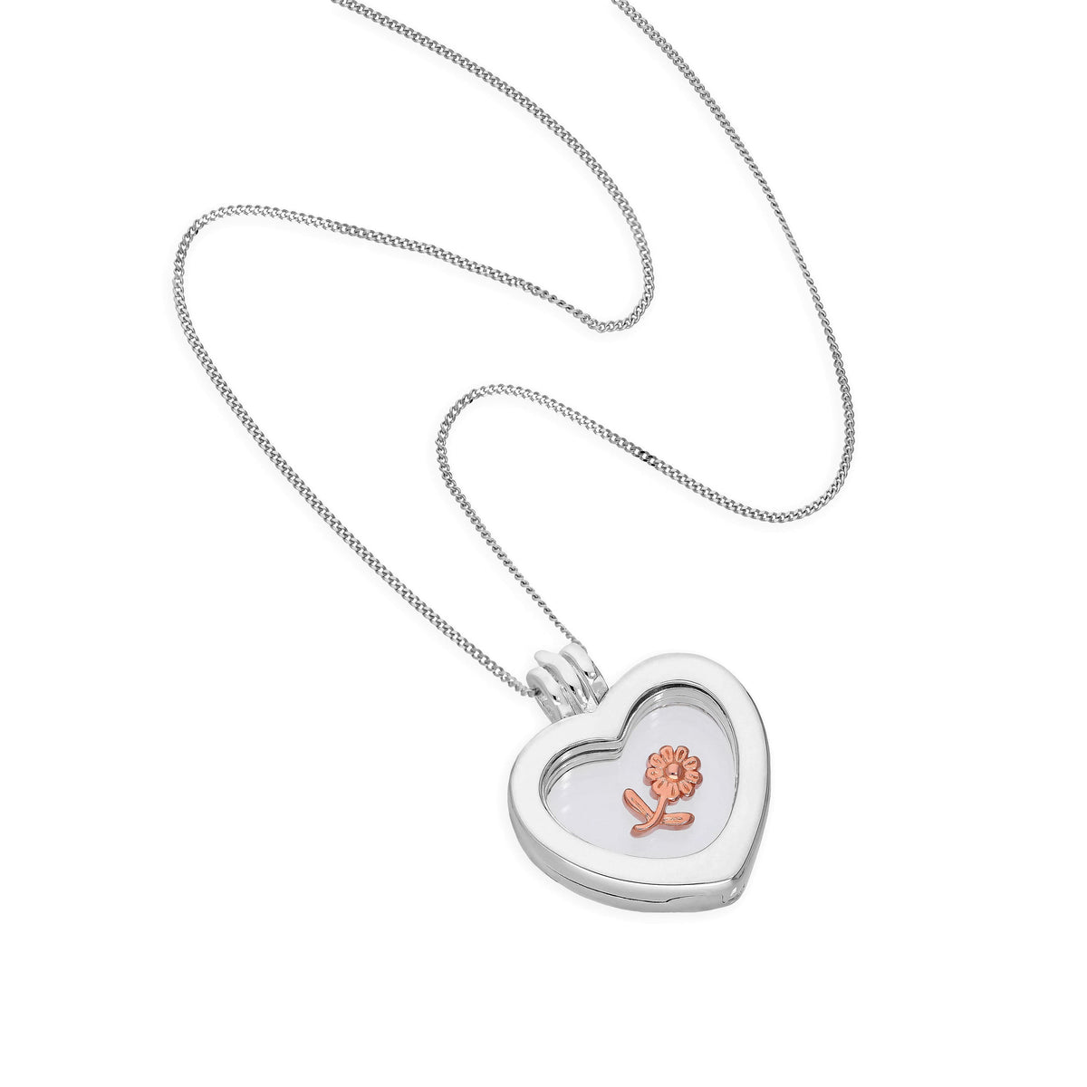 Petit médaillon flottant en argent sterling avec breloque en forme de cœur sur chaîne de 40 à 55 cm
