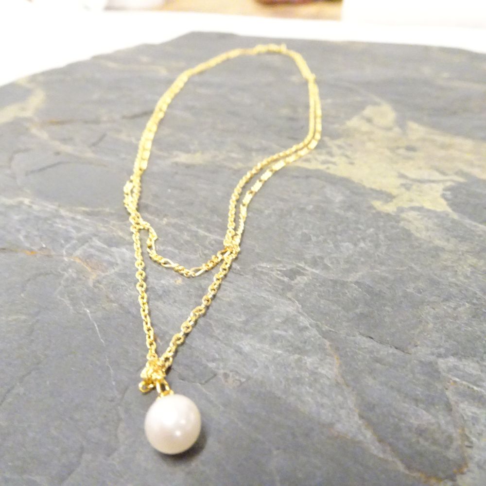 Collier de perles à double chaîne en argent sterling plaqué or 40 et 45 cm