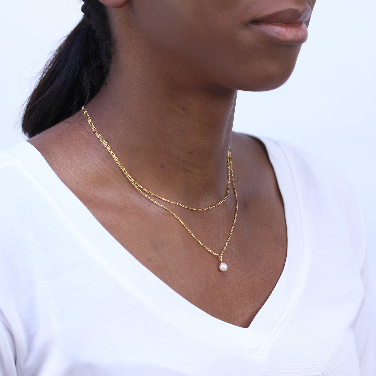Collier de perles à double chaîne en argent sterling plaqué or 40 et 45 cm