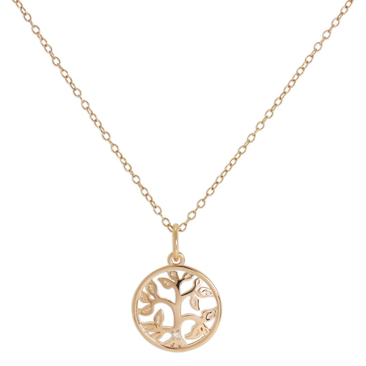Collier Arbre de Vie en Argent Sterling Plaqué Or Rose et Diamants Véritables