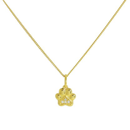Collier en argent sterling plaqué or et empreinte de patte en diamant véritable