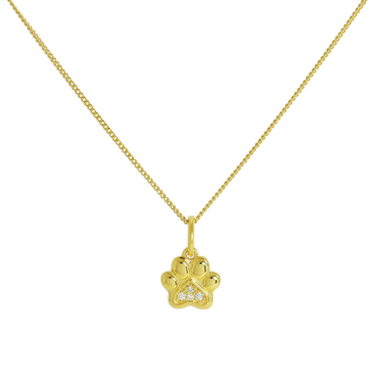 Collier en argent sterling plaqué or et empreinte de patte en diamant véritable