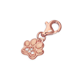 Breloque à clip en argent sterling plaqué or rose et véritable diamant avec empreinte de patte