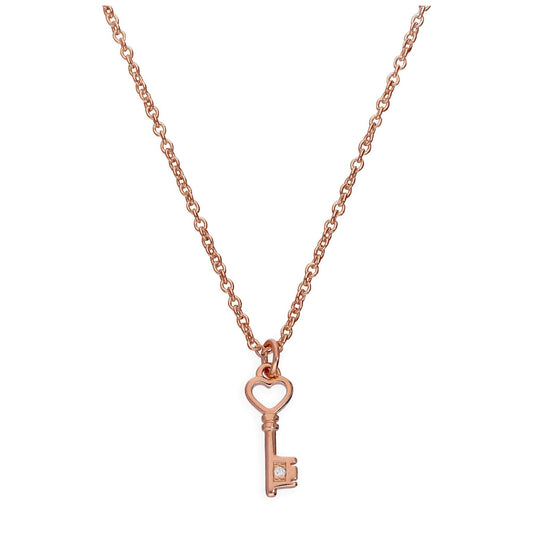 Collier en argent sterling plaqué or rose et diamant véritable, 45 cm, avec clé en forme de cœur
