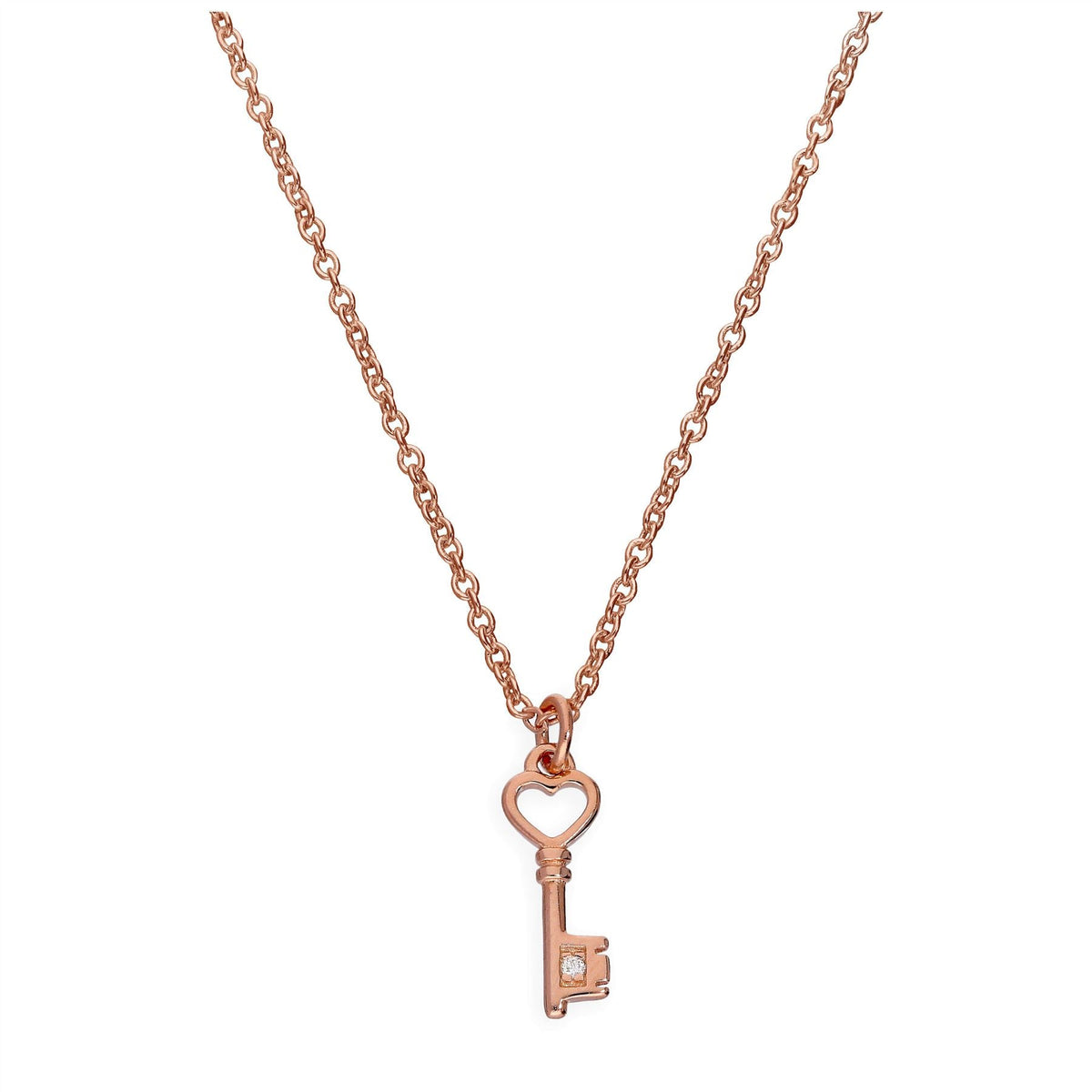 Collier en argent sterling plaqué or rose et diamant véritable, 45 cm, avec clé en forme de cœur