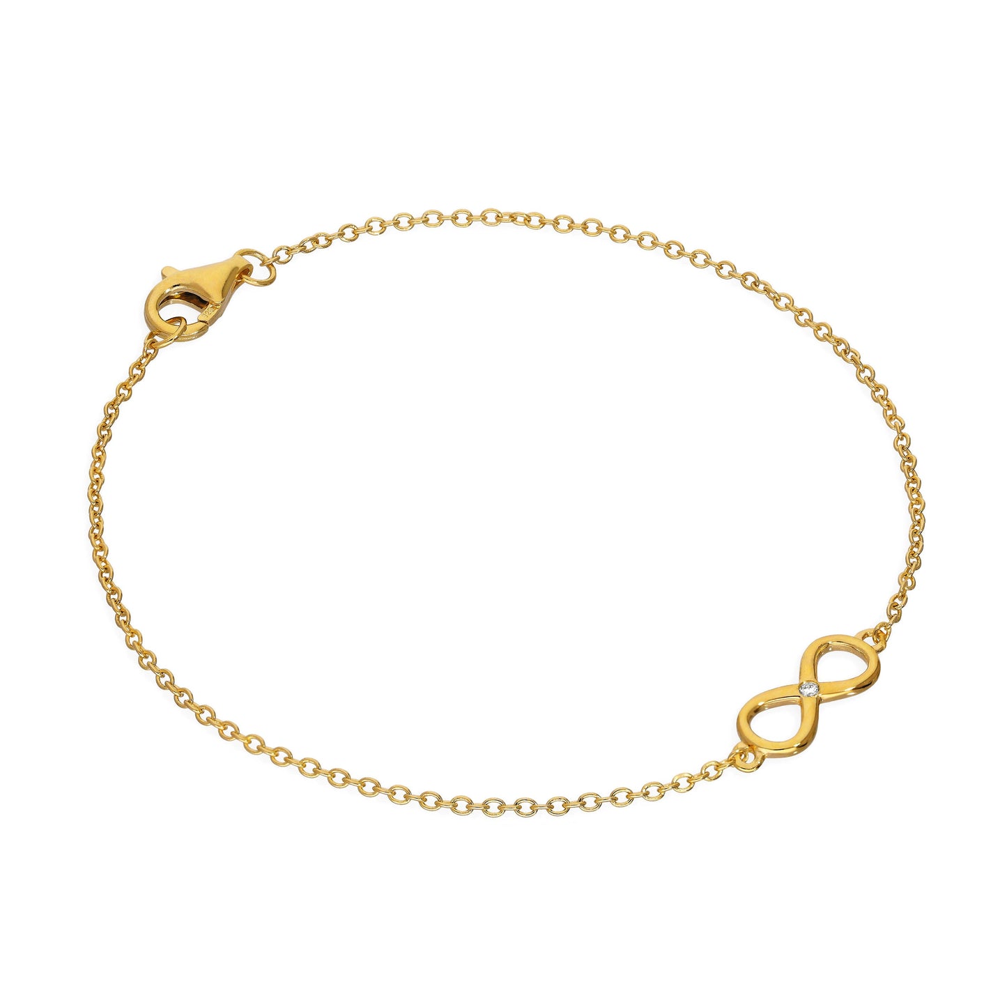 Bracelet symbole de l'infini en argent sterling plaqué or et diamants véritables de 18 cm