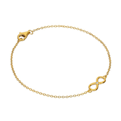 Bracelet symbole de l'infini en argent sterling plaqué or et diamants véritables de 18 cm