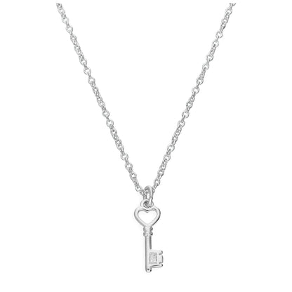 Collier en argent sterling et diamant véritable, 45 cm, avec clé en forme de cœur