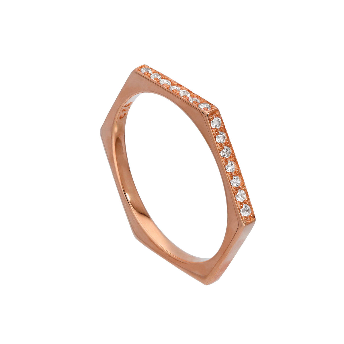 Bague hexagonale en argent sterling plaqué or rose et cristaux CZ transparents, taille 55