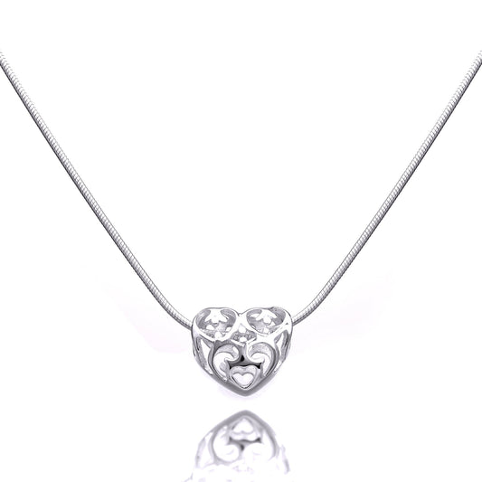 Collier de perles en argent sterling avec cœur ouvert et chaîne serpent de 1 mm