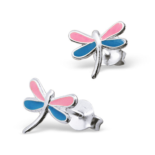 Boucles d'oreilles à tige en argent sterling avec libellule émaillée bleue et rose