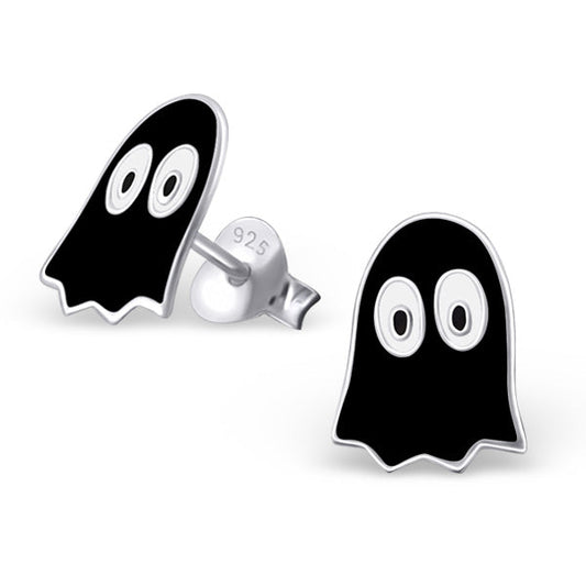Boucles d'oreilles à tige en argent sterling et émail noir, motif fantôme de jeu rétro