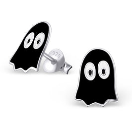 Boucles d'oreilles à tige en argent sterling et émail noir, motif fantôme de jeu rétro