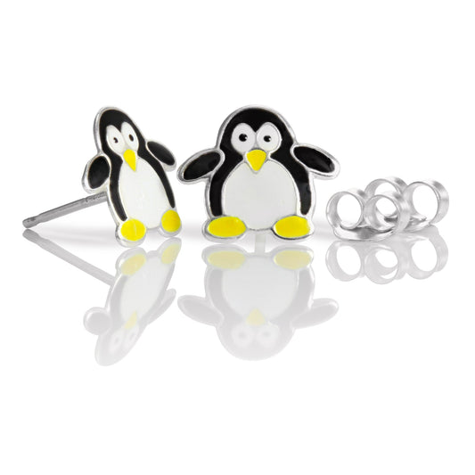 Boucles d'oreilles à tige en argent sterling et émail en forme de pingouin