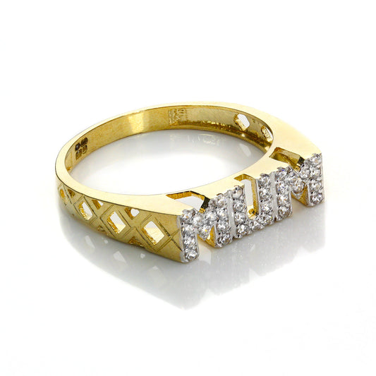 Bague maman en or jaune 9 carats avec cristal transparent