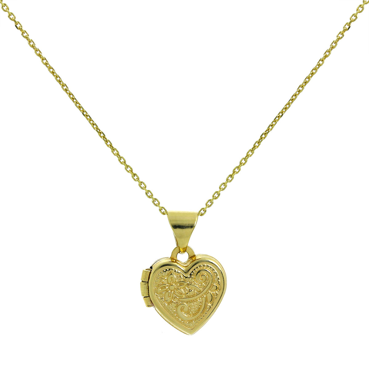 Petit médaillon en forme de cœur gravé en or 9 carats sur chaîne