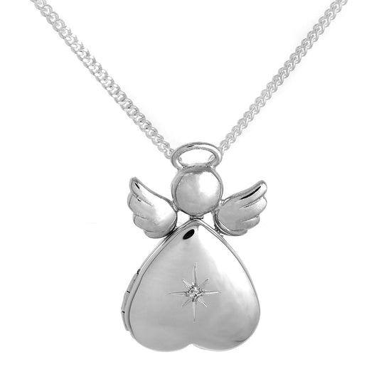 Médaillon en forme de cœur d'ange en argent sterling et diamant sur chaîne
