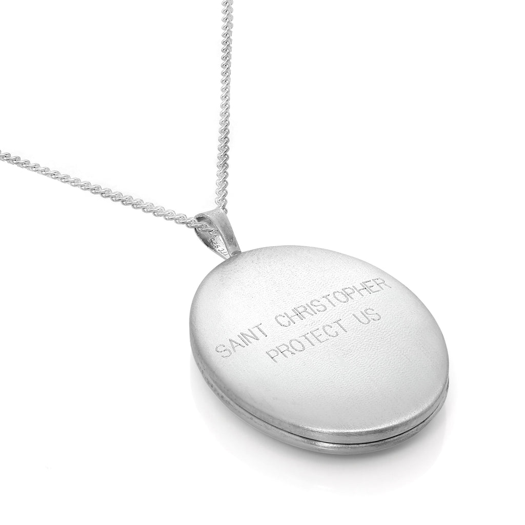 Médaillon ovale Saint-Christophe gravé en argent sterling sur chaîne