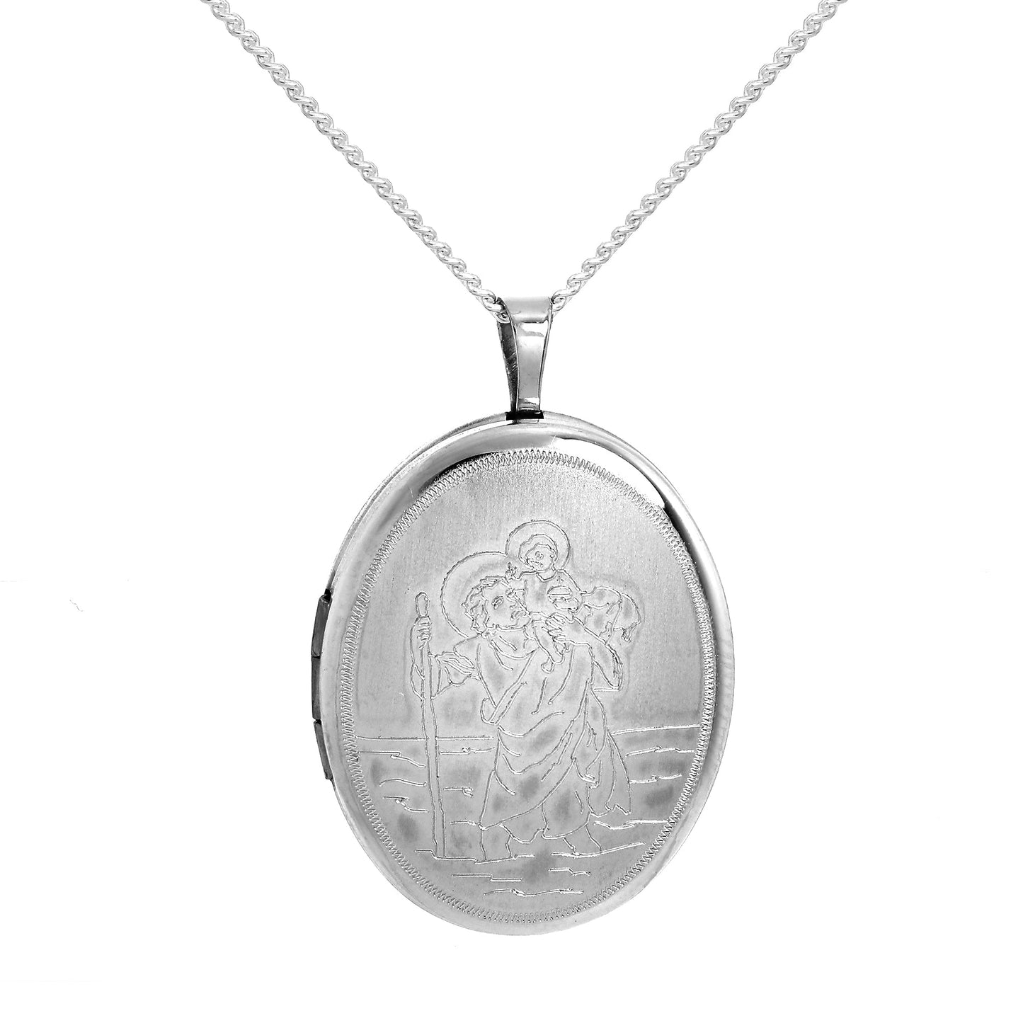 Médaillon ovale Saint-Christophe gravé en argent sterling sur chaîne