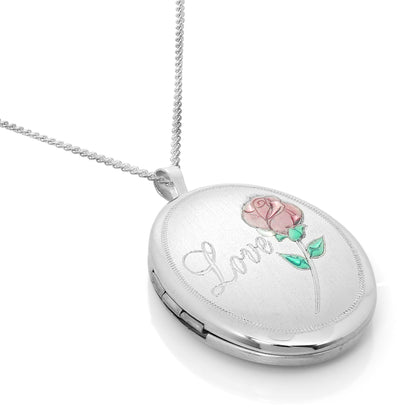Médaillon ovale en argent sterling brossé avec pendentif en forme de rose sur chaîne