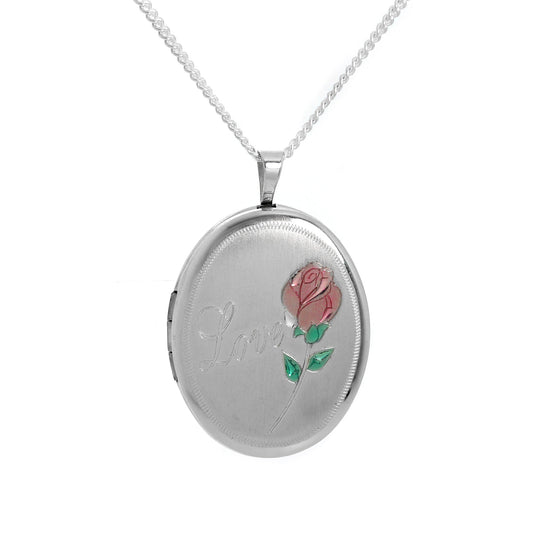 Médaillon ovale en argent sterling brossé avec pendentif en forme de rose sur chaîne