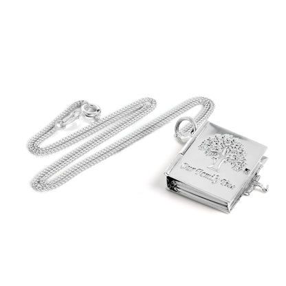 Médaillon arbre généalogique en argent sterling avec 6 photos et livre sur chaîne
