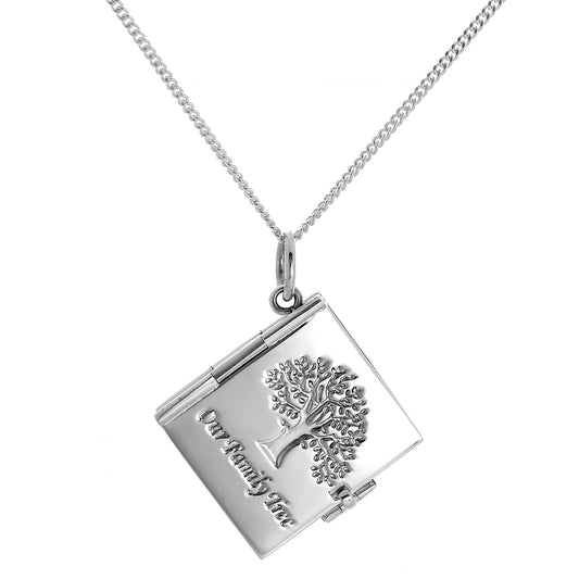 Médaillon arbre généalogique en argent sterling avec 6 photos et livre sur chaîne