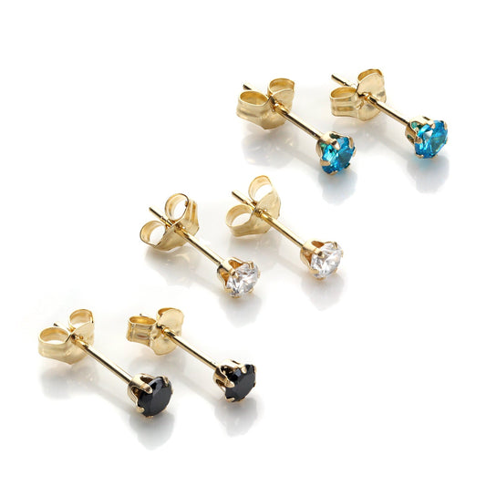 Ensemble de boucles d'oreilles à tige en or 9 carats et cristal de 3 mm