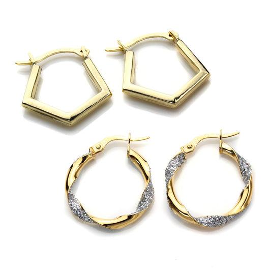 Ensemble de boucles d'oreilles créoles géométriques en or 9 carats