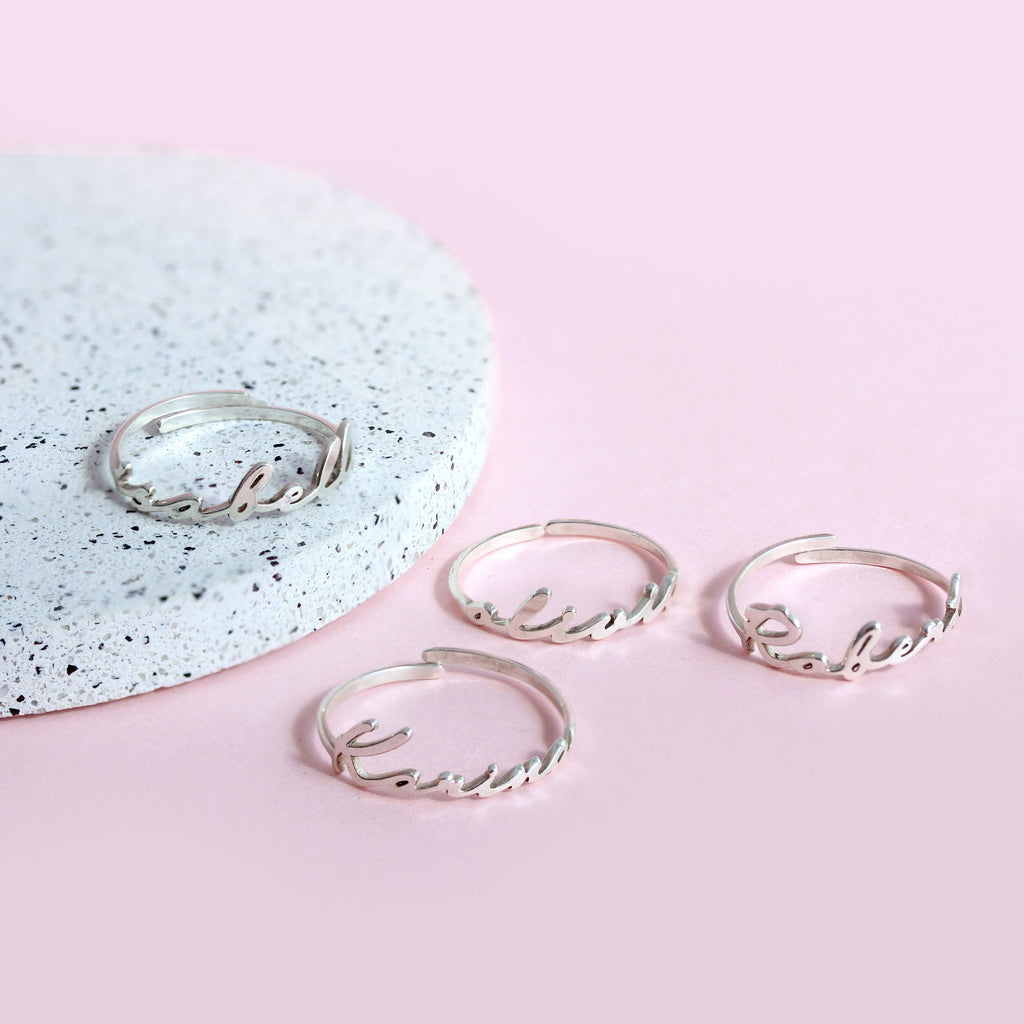 Bague réglable personnalisée en argent sterling avec nom